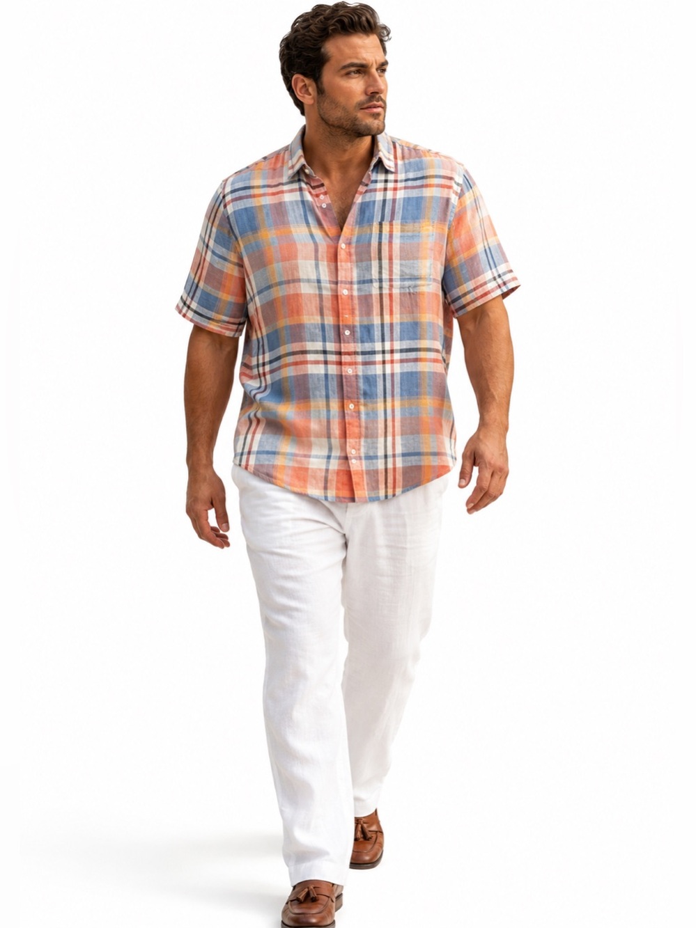 Patrick Assaraf XXL Linen Plaid Resort Shirt Coastal Dadcore Summer